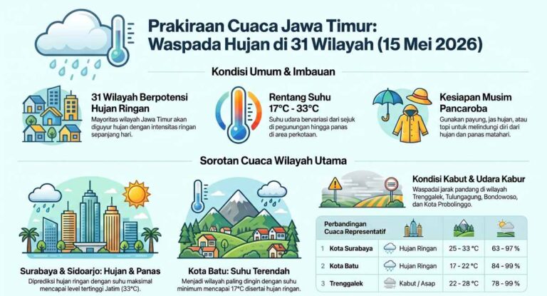 Prakiraan Cuaca Jawa Timur 15 Mei 2026: 31 Wilayah Diprediksi Diguyur Hujan Ringan